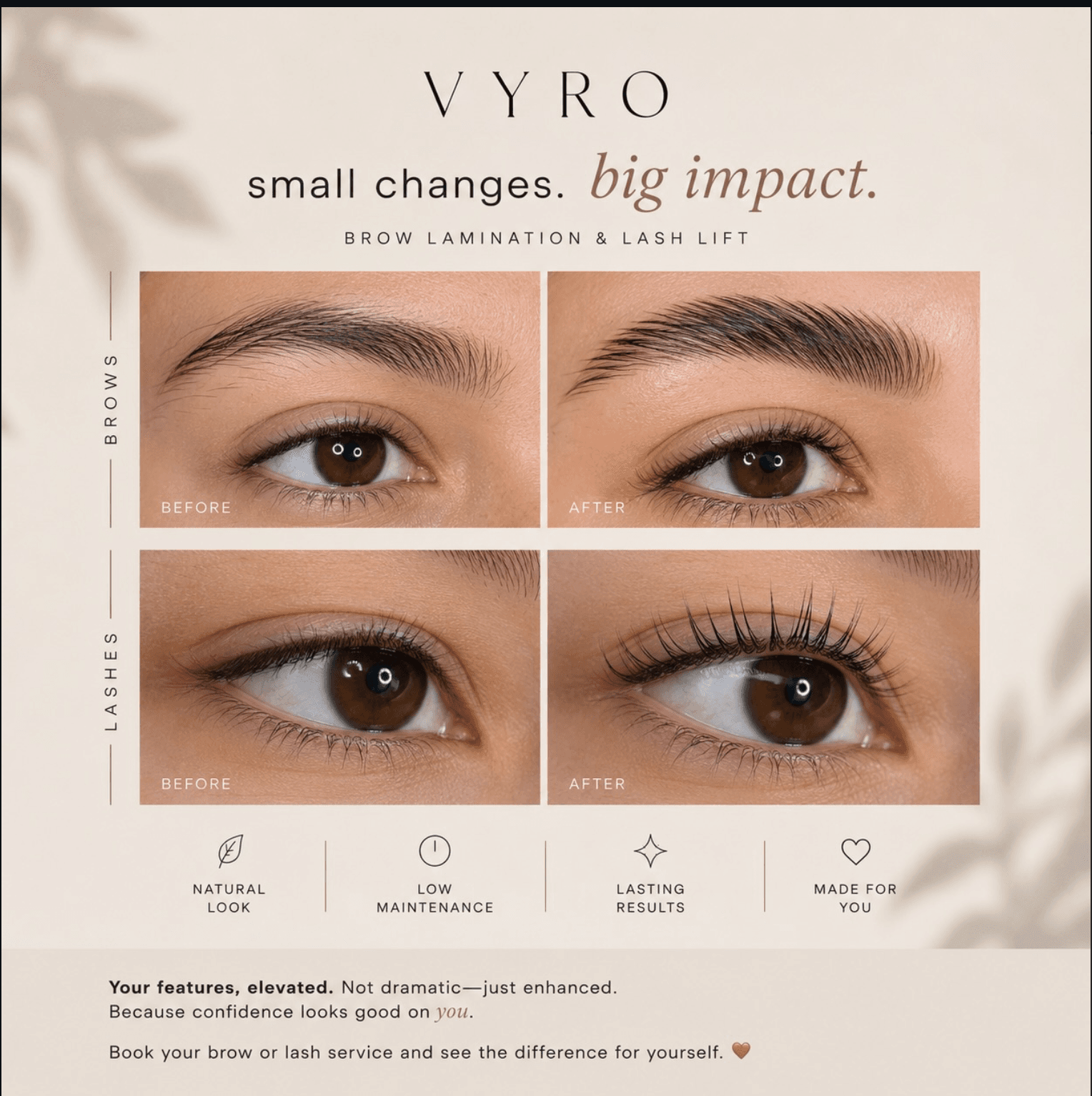 VYRO brow lamination and lash lift before/after comparison: brows look fuller and more defined, lashes appear longer and lifted
