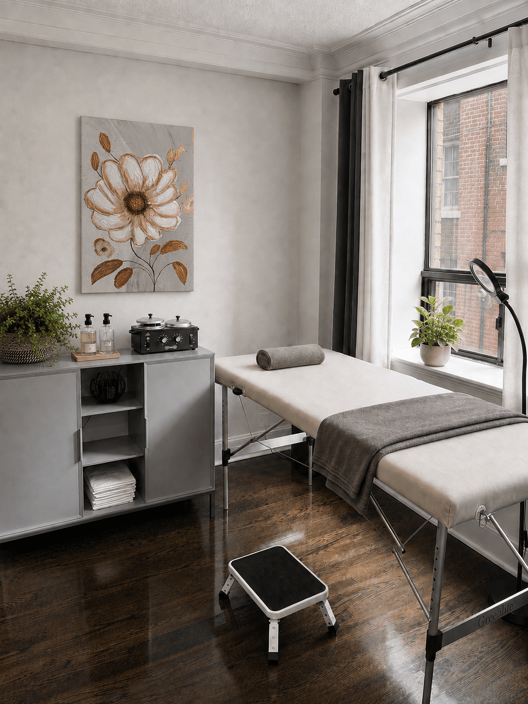 Close view of a VYRO treatment table set with linens, a bolster pillow, and a magnifying lamp by the window